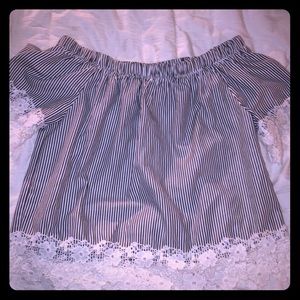 Blue and white stripped w/ lace off shoulders top